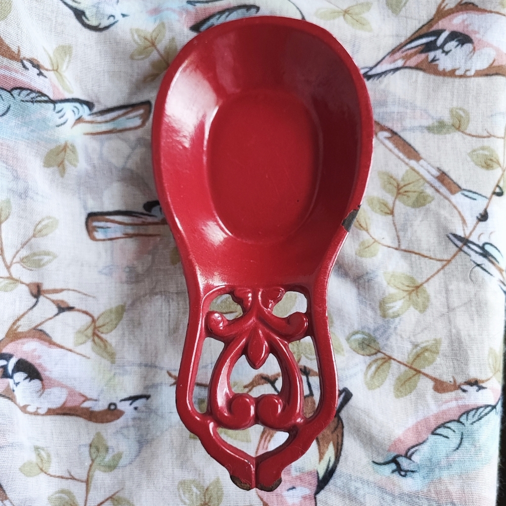Heavy Cast Iron Red Painted Enameled Distressed Kitchen Spoon Rest Holder